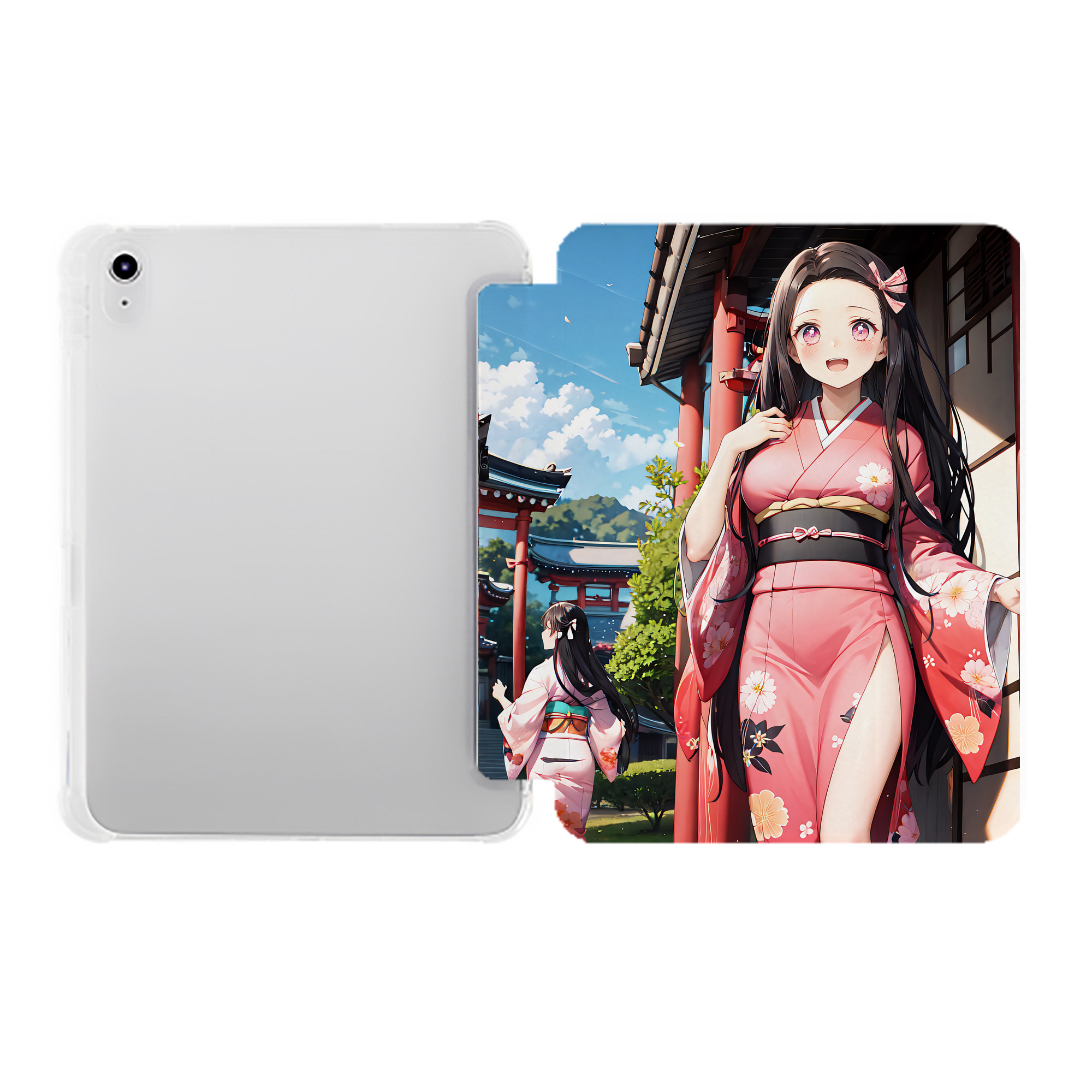 （画像用） 鬼滅の刃（きめつのやいば）竈門 禰󠄀豆子／かまど ねずこ Kamado Nezuko IPad ケース ペン収納付き 三つ折りスタンド PUレザー×シリコン 対応機種9.5/10.5/10.9インチ